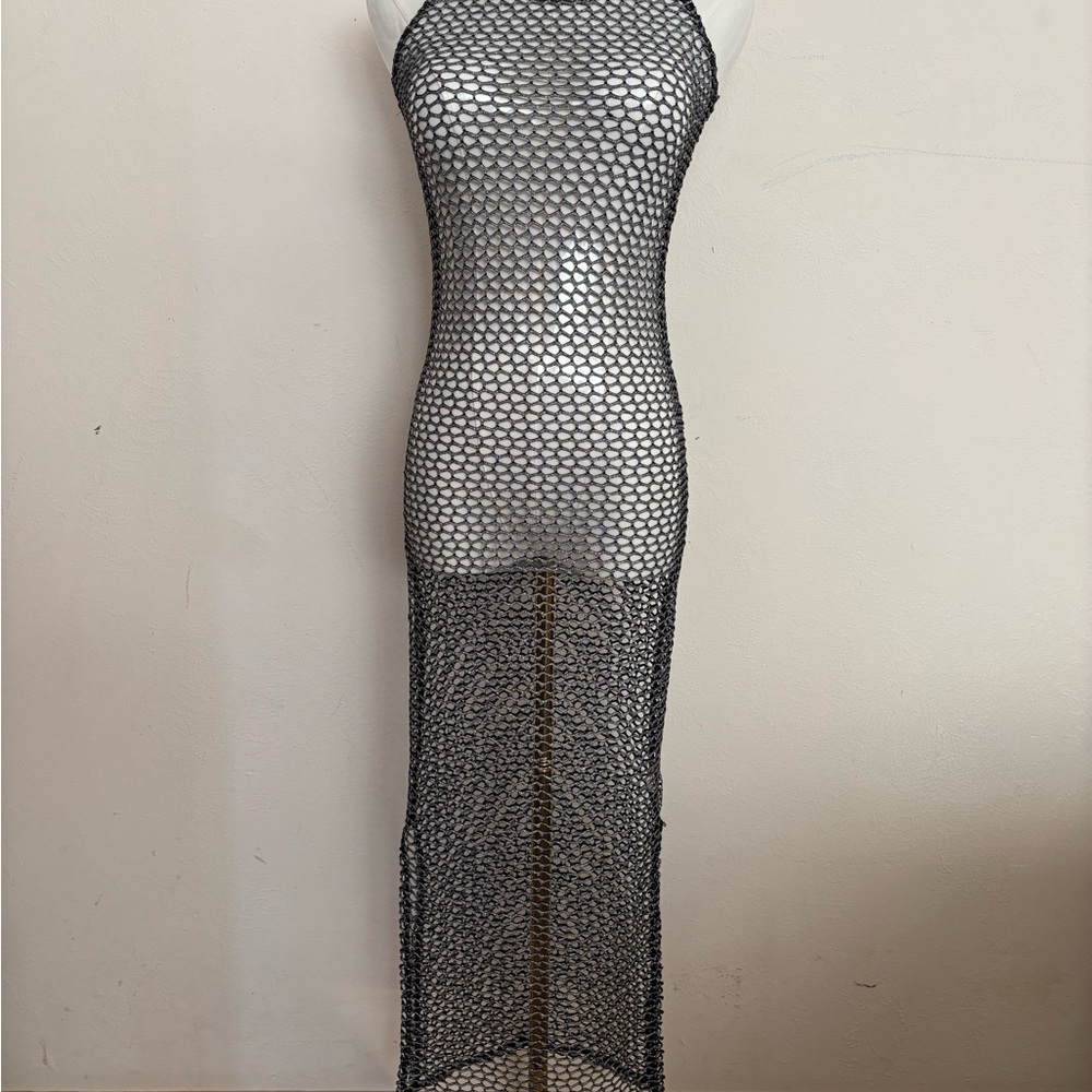 Forever Rose Couture Body Con Dress Metallic Wide Mesh Naked Dress Small Silver - Picture 6 of 8